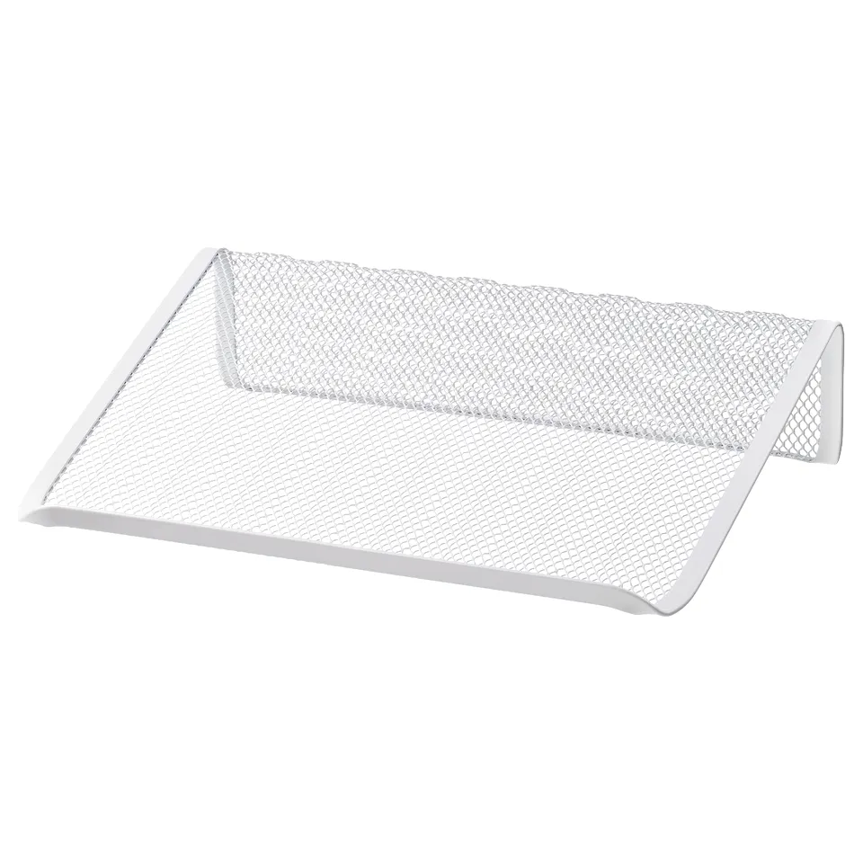 White metal mesh laptop stand, improves air circulation, sleek design.