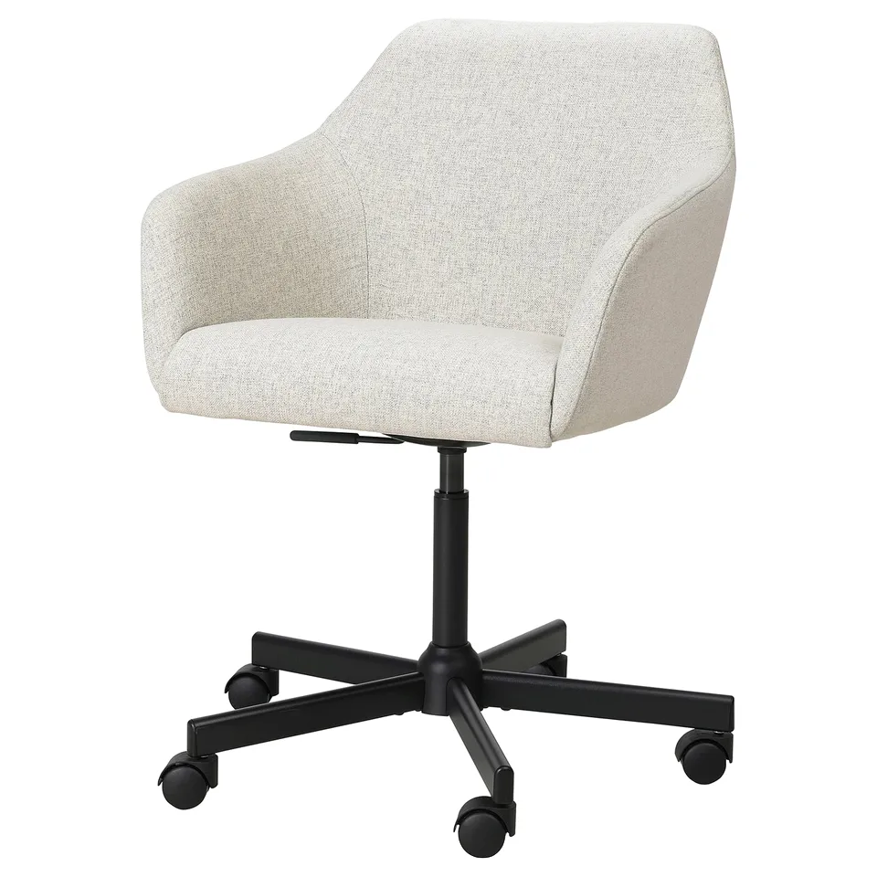 TOSSBERG chair: cream, cushioned, swivel, high back, adjustable, black base, casters.