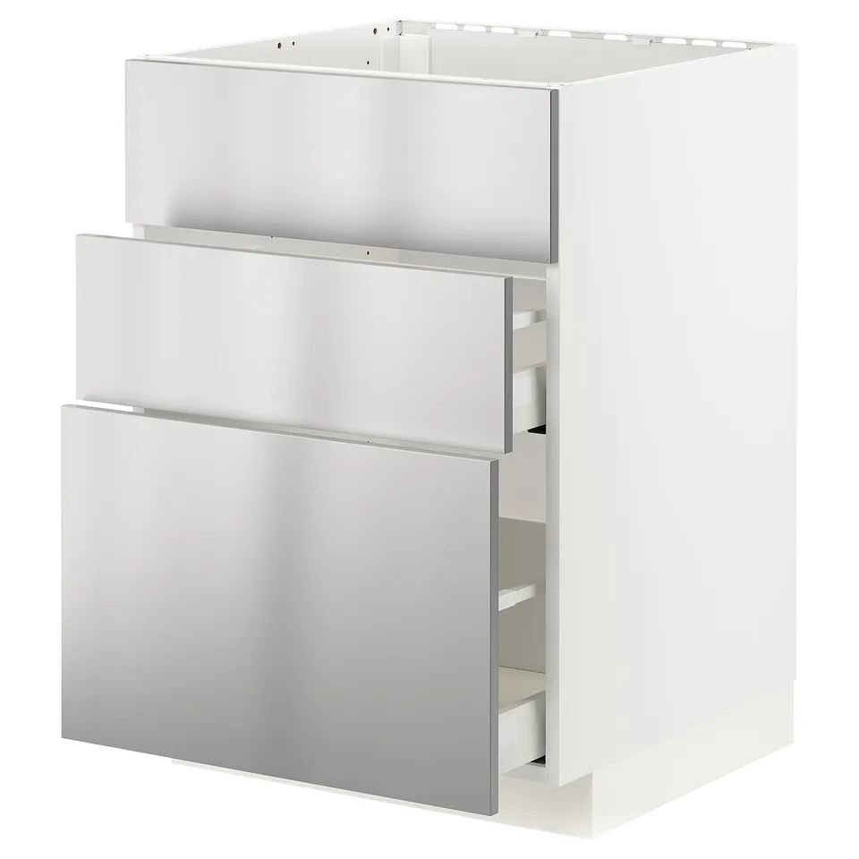 Stainless steel kitchen unit with 3 drawers, part of IKEAs METOD series.