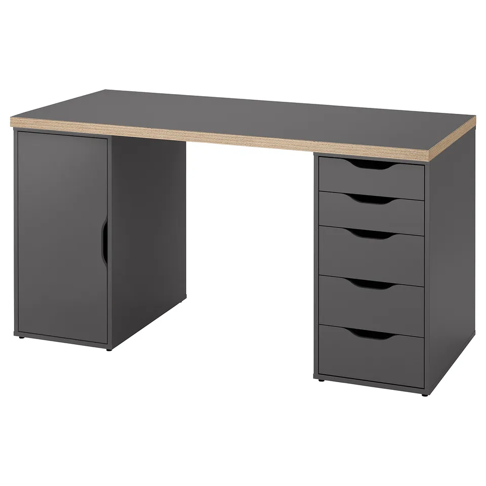 A grey LAGKAPTEN desk with a wooden edge, featuring a cabinet with a door and a drawer unit with four drawers.
