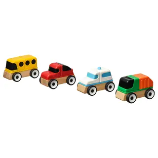 LILLABO 4-piece vehicle set, sports car/school bus recycling truck/police car/multicolour, Width 4.5 x Length 7.0 x Height 5.0 cm