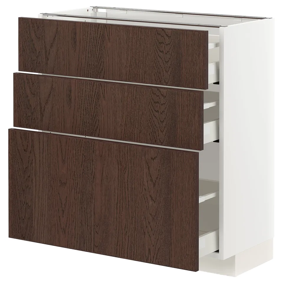 Metalod kitchen unit, dark brown wood grain, three drawers, white frame, rectangular shape.