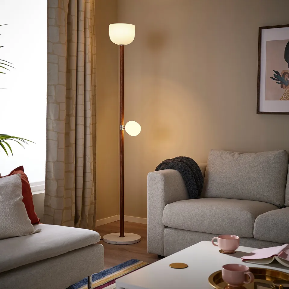 MOSSPLYM Floor uplighter/reading lamp, opal white glass/dark brown oak, 180 cm