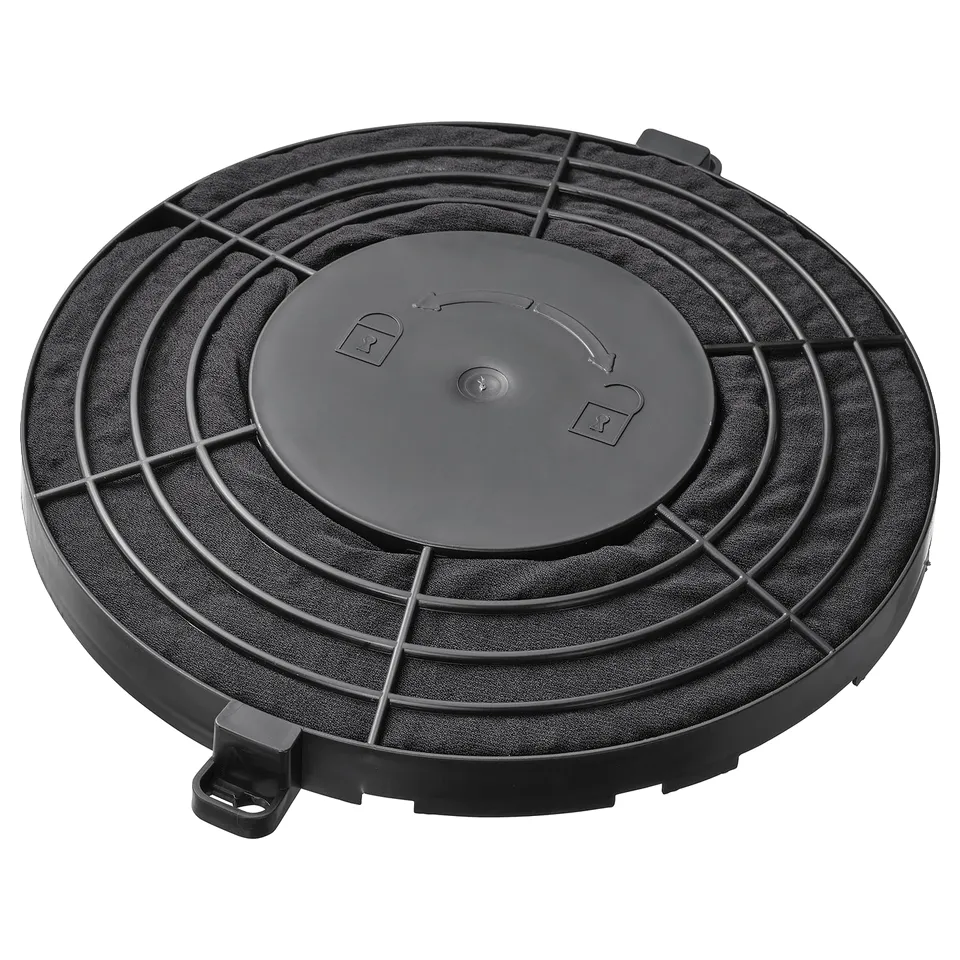 Black circular charcoal philtre for range hood, ring-shaped with central vent.
