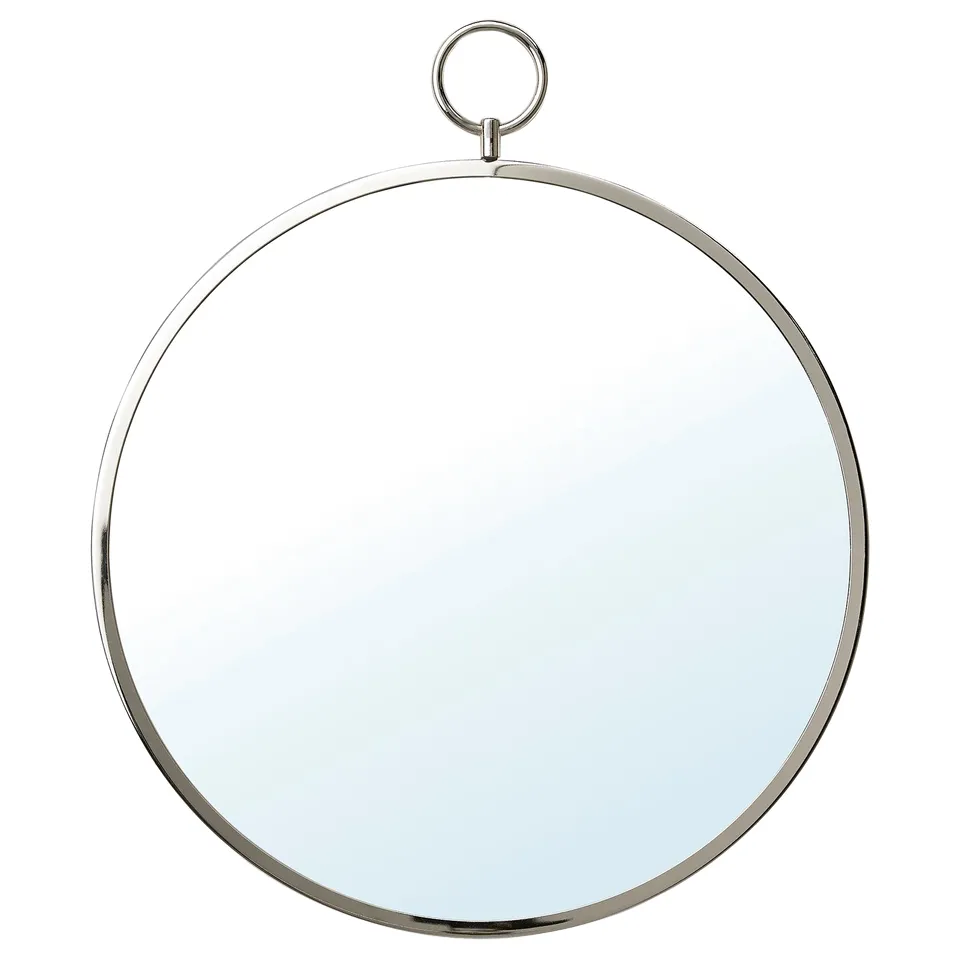 A GRYTÅS mirror, round, nickel-plated, with a hanging ring, reflecting a sleek silver design.
