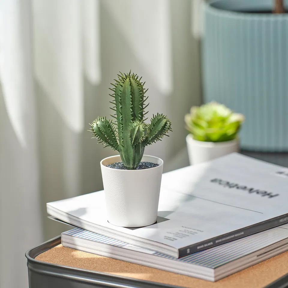 Small white FEJKA cactus potted plant sits on books; minimalist design for interior decor.