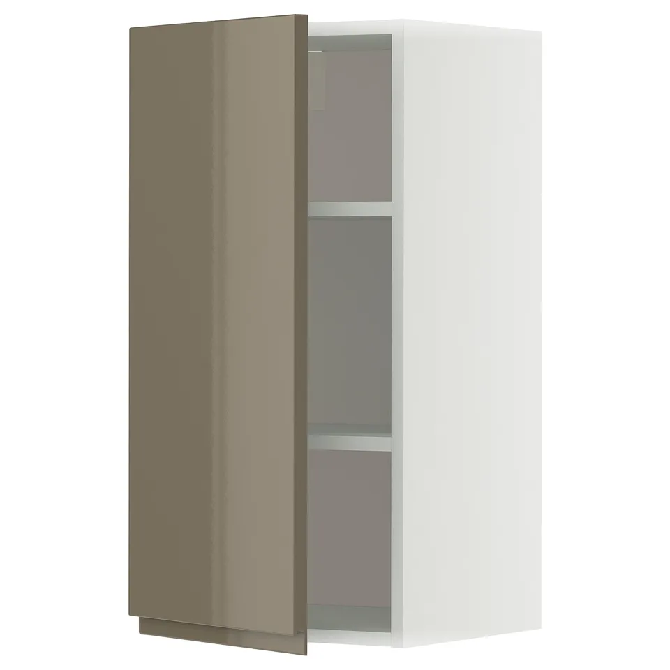 An a high gloss dark grey-brown kitchen cabinet with one door open, revealing shelves inside.