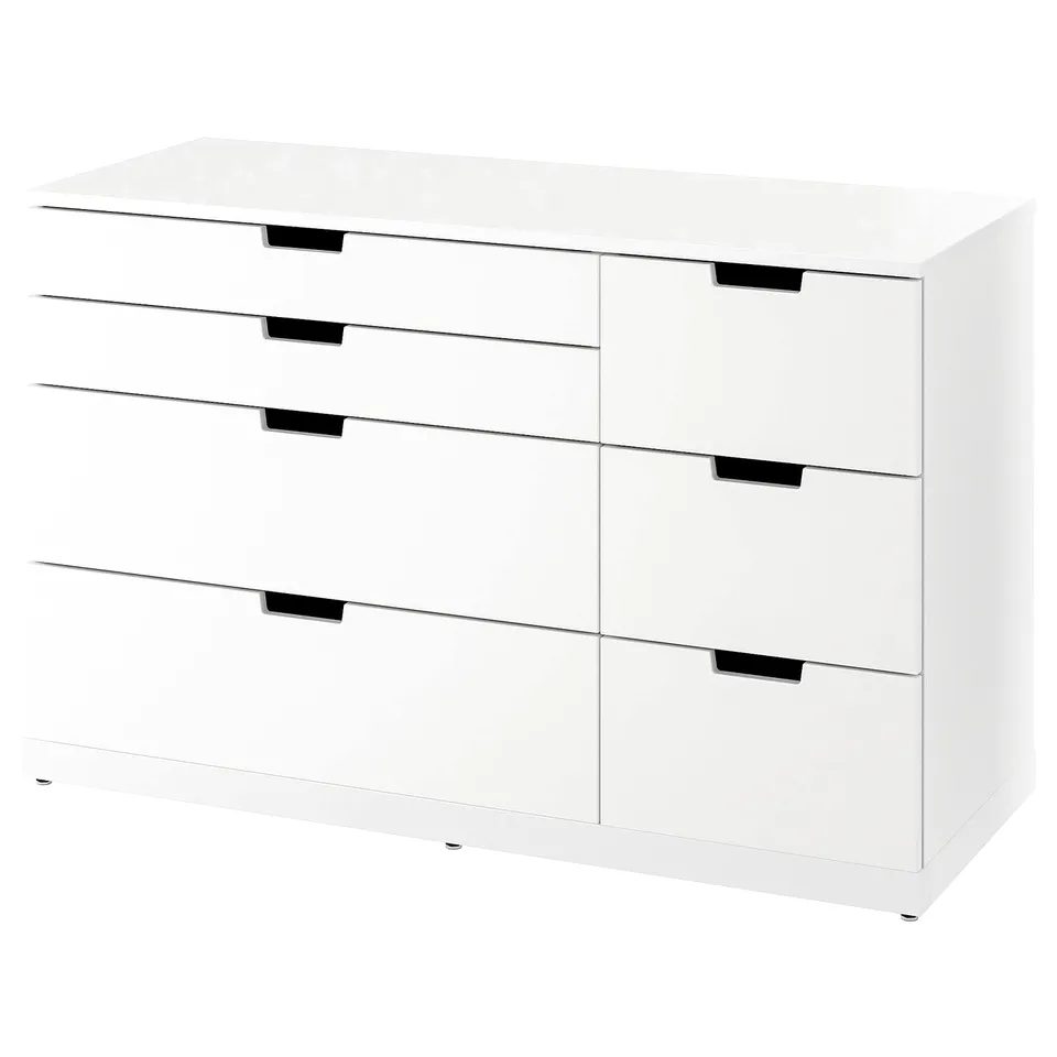 White NORDLI chest with six drawers, modern minimalist design.