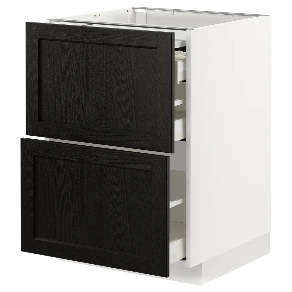 Modern white and black kitchen cabinet with two drawers and pull-out shelf.