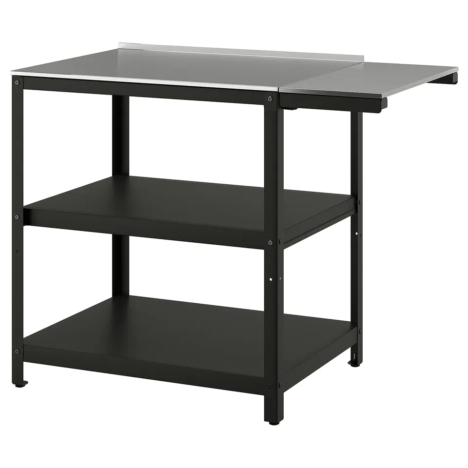 Modern outdoor grill station, black steel frame and shelves, stainless steel top, spacious, practical design.