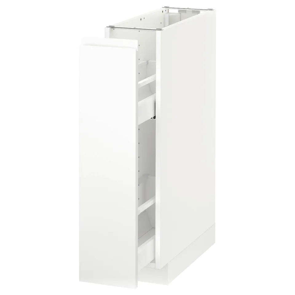 A white METOD kitchen cabinet with a sleek, modern design featuring integrated handles and a sturdy frame construction.