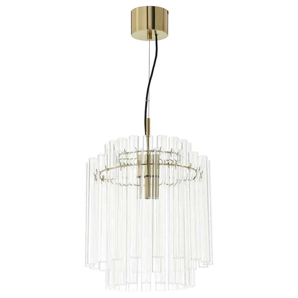 A STOCKHOLM 2025 gold pendant lamp with clear glass cylinders. Elegant design for dining or living room, providing direct light.