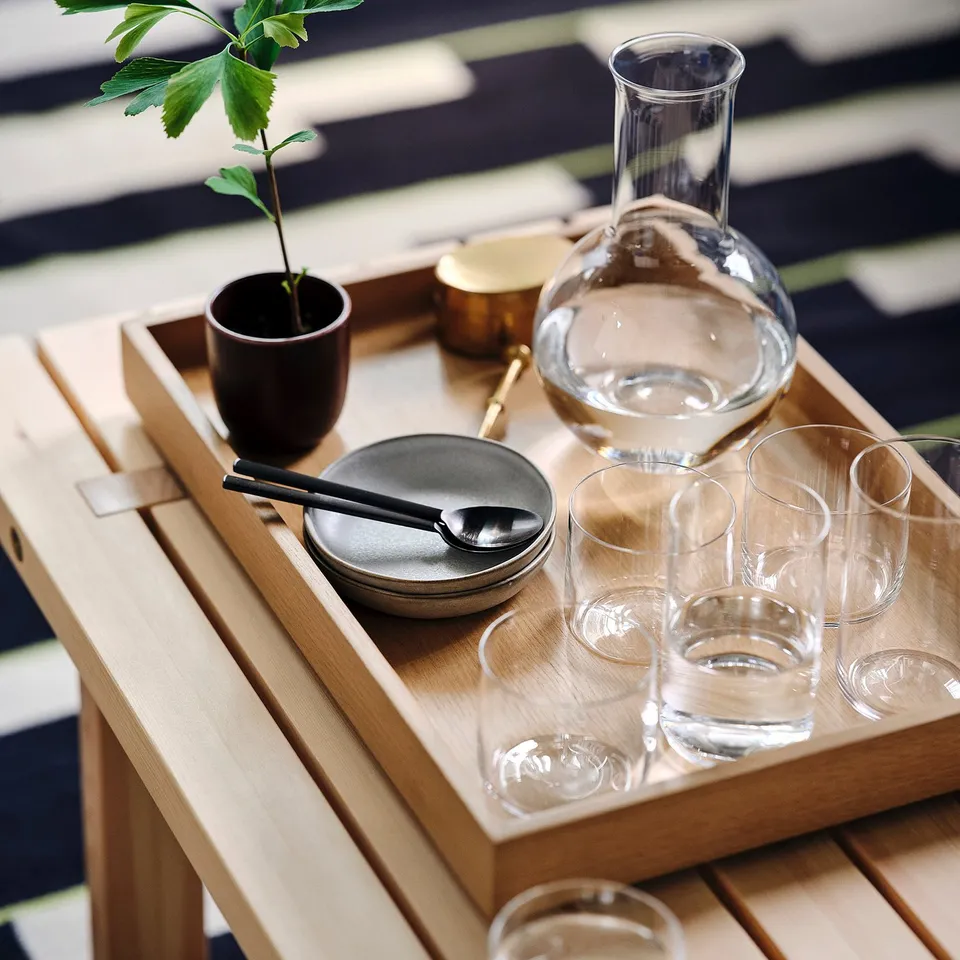 Wooden tray with small plant, carafe, glasses, and bowl. Perfect for serving or decoration.
