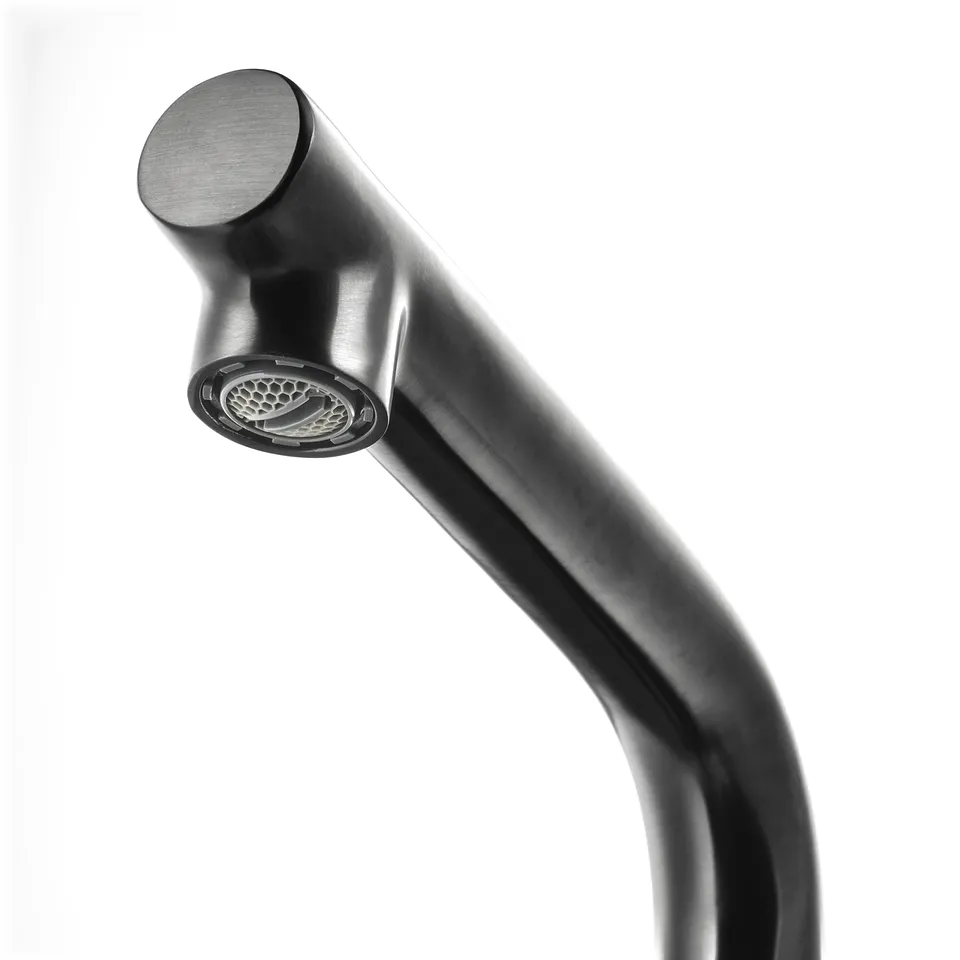 Modern black tap with metallic finish and built-in aerator, part of LUNDSKÄR bathroom series.