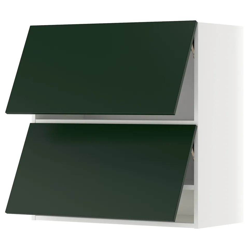 Modern dark green kitchen cabinet, rectangular shape, with two closed shelves.