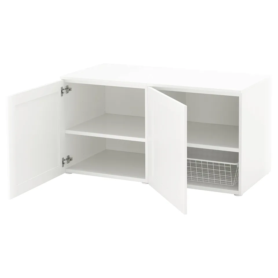 A white PLATSA storage unit with two adjustable shelves and wire basket, open doors displaying interior.