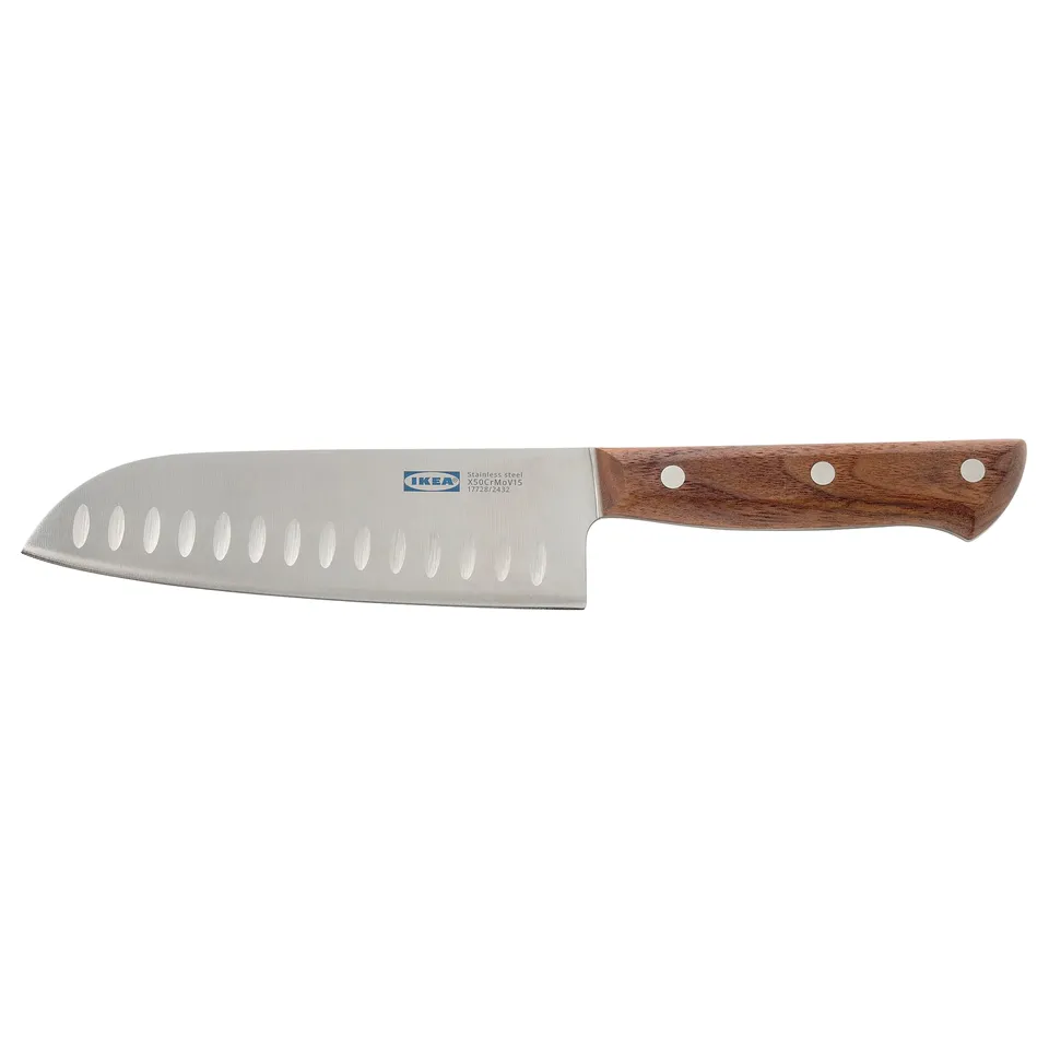 An ikea VARDAGEN knife with a dark walnut handle and stainless steel blade featuring indentations.
