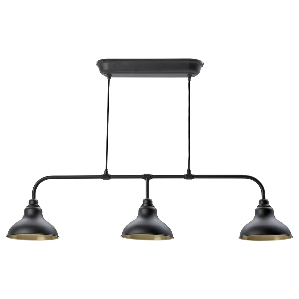 AGUNNARYD black ceiling lamp, 3 light shades with brass inner sides, hangs above table, modern design.