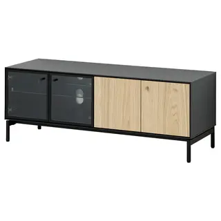 BOASTAD TV bench, black/oak veneer, 121x42x45 cm