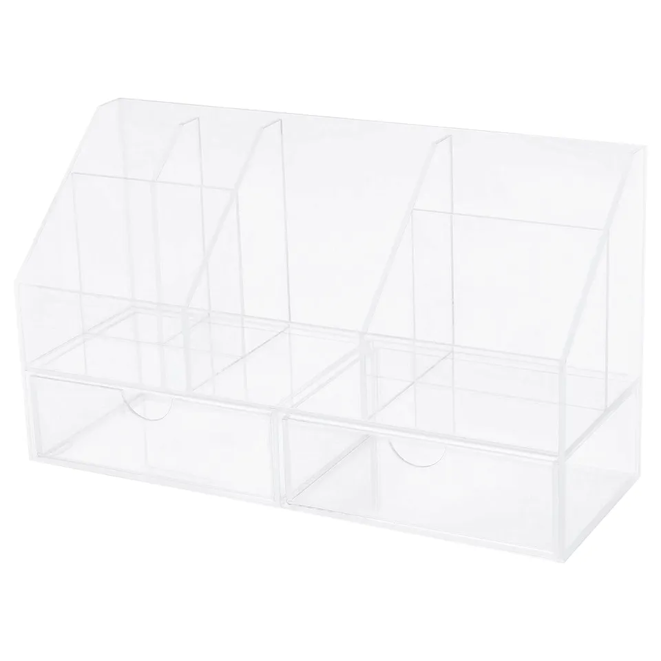 A clear, rectangular MOJAN acrylic plastic storage unit with multiple compartments and two drawers for organising makeup and jewellery.