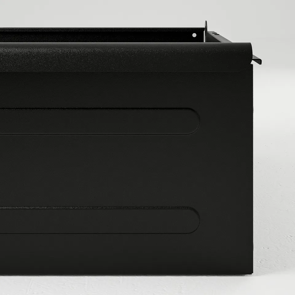 Black metal drawer, smooth finish, sturdy construction, clean edges, designed for durability.