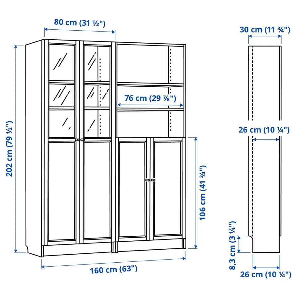 Illustration with measurements for the product: BILLY.