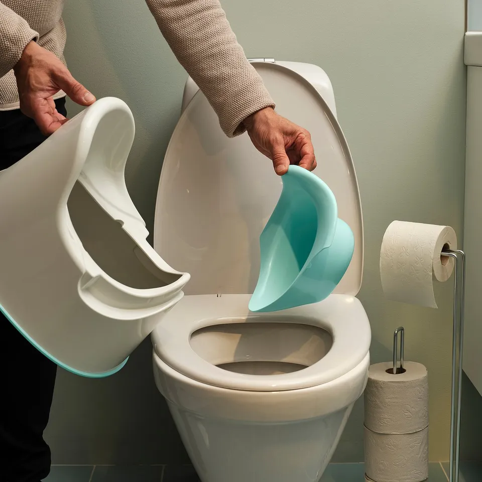 Child cleaning toilet with blue seat.