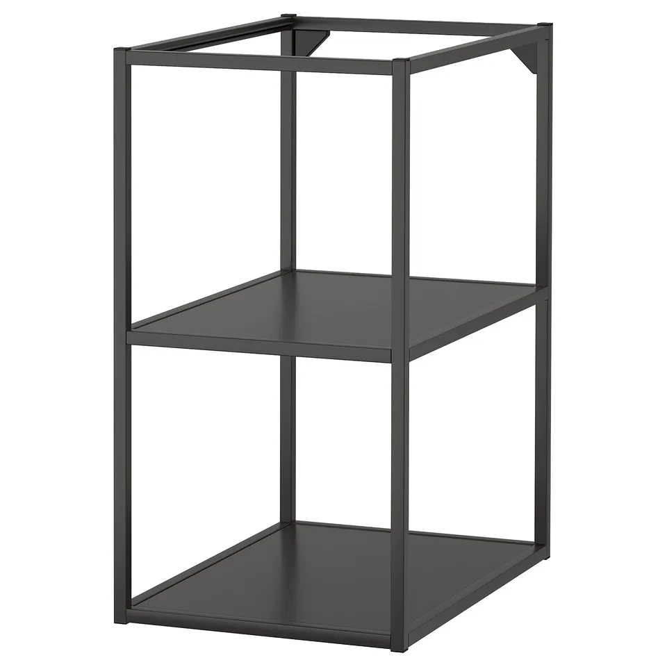 Modern black metal shelf unit with two tiers, sleek and open design.
