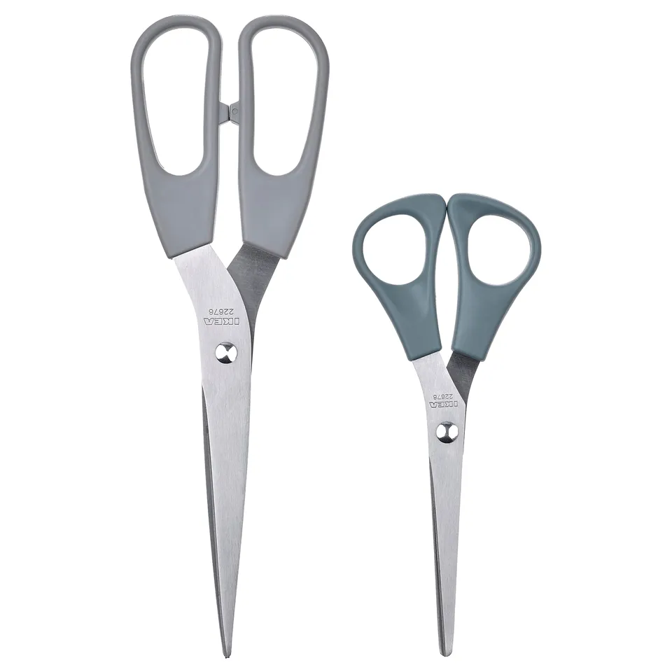 Two pairs of gray-handled scissors with silver blades, one larger and one smaller, placed side by side.