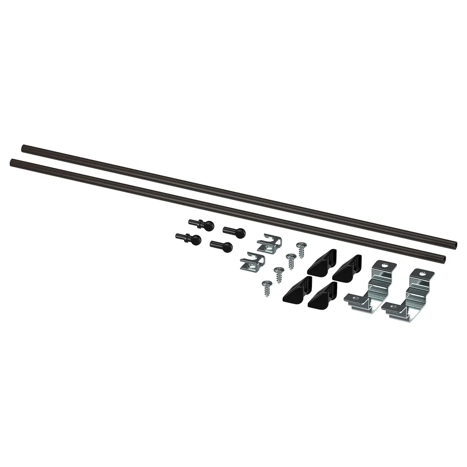ENHET kitchen assembly kit, includes black metal rails, corners, screws, and bolts. Creates stable kitchen island.