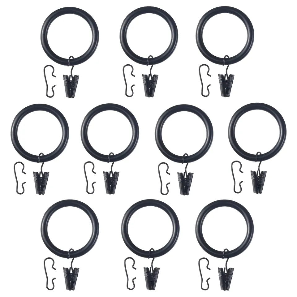 Set of black SYRLIG curtain rings with clips or hooks, made of abs plastic and steel, arranged in three rows of four.