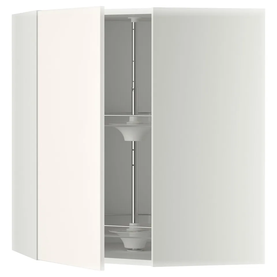 A white METOD corner kitchen cabinet with a carousel. Its a sleek, modern design with a sturdy frame and adjustable shelves.