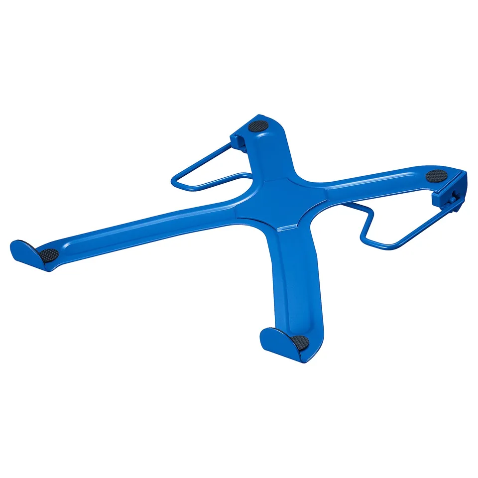 Blue LÅNESPELARE laptop stand, x-shape, foldable, steel frame with rubber grips, supports laptop/tablet, enhances posture, compact design.