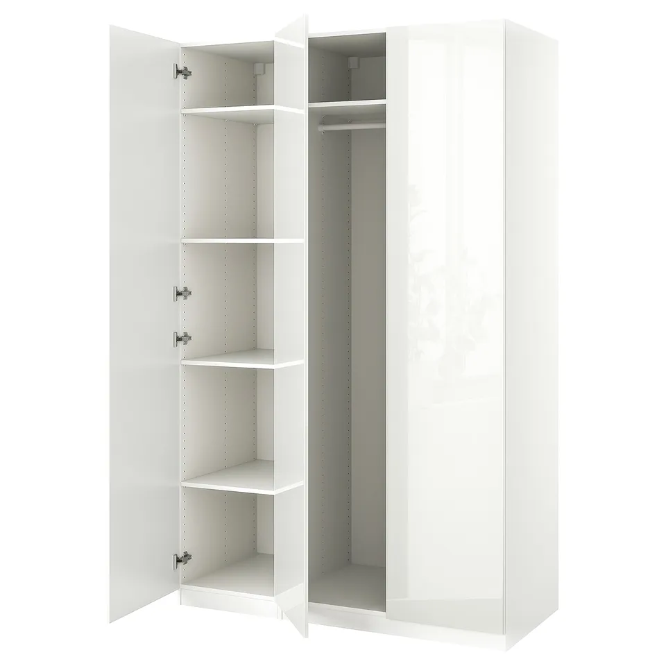 White PAX wardrobe, open doors, four shelves, modern design.