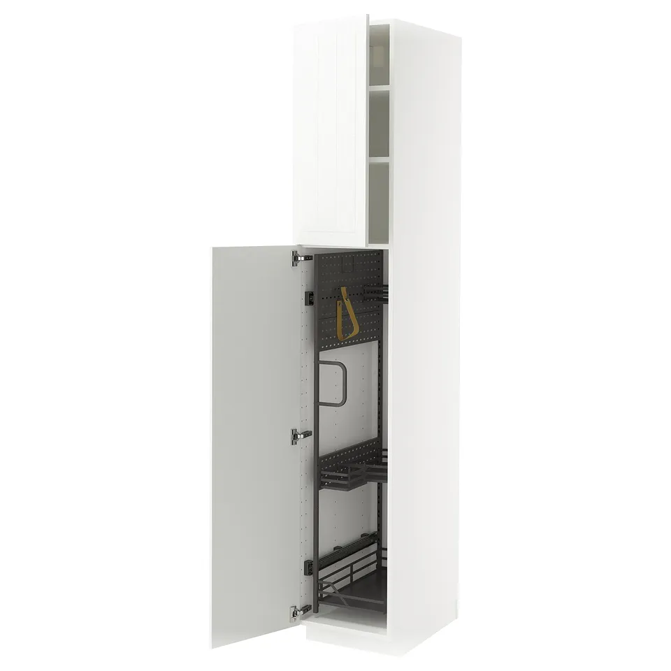 A white METOD kitchen cabinet with open doors, revealing storage shelves and organisers.