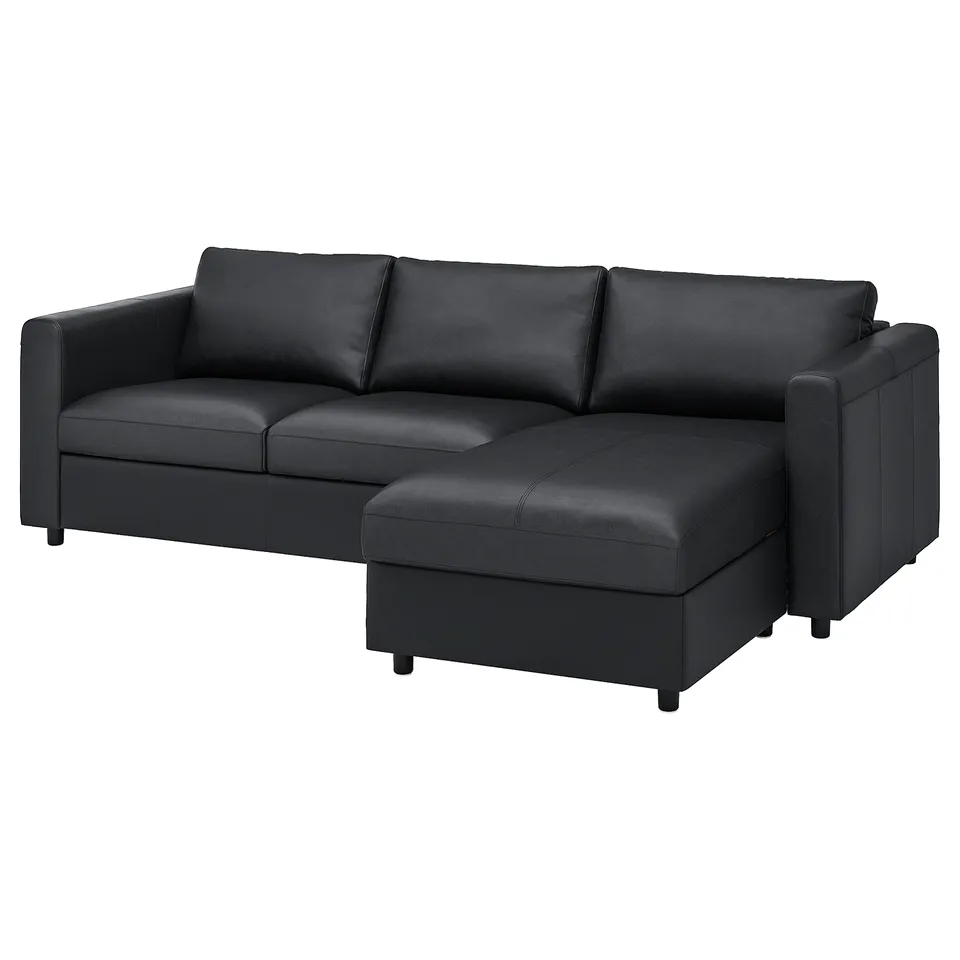 Black VIMLE sofa with chaise, modern design, smooth leather, l-shape.