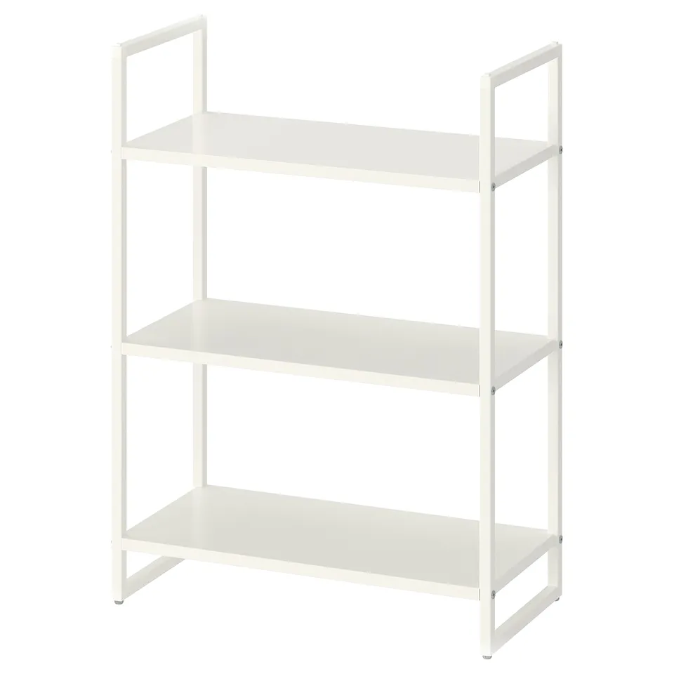 White JONAXEL metal 3-tier shelving unit for storage.