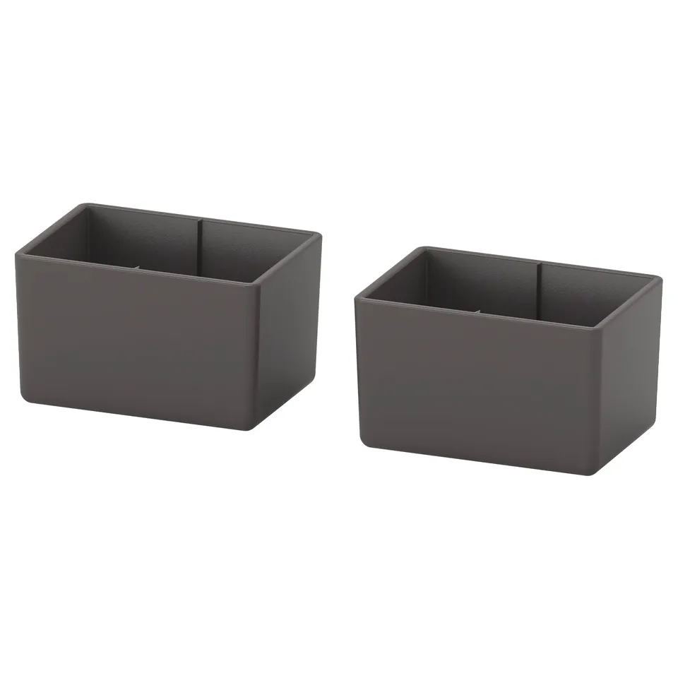 Two grey square storage bins side by side, made of polyethylene plastic.