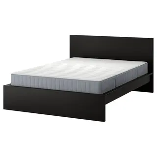 MALM bed frame with mattress, black-brown/Valevåg super firm, Length 209 x Width 166 x Height 100 cm