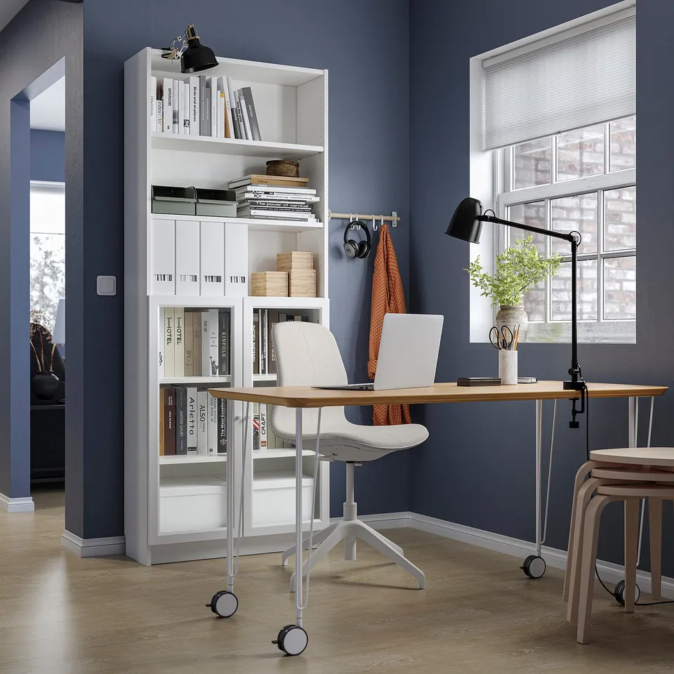 Home office with white desk: ANFALLARE, white, bamboo & particleboard, rectangular, minimalist, fits below window.