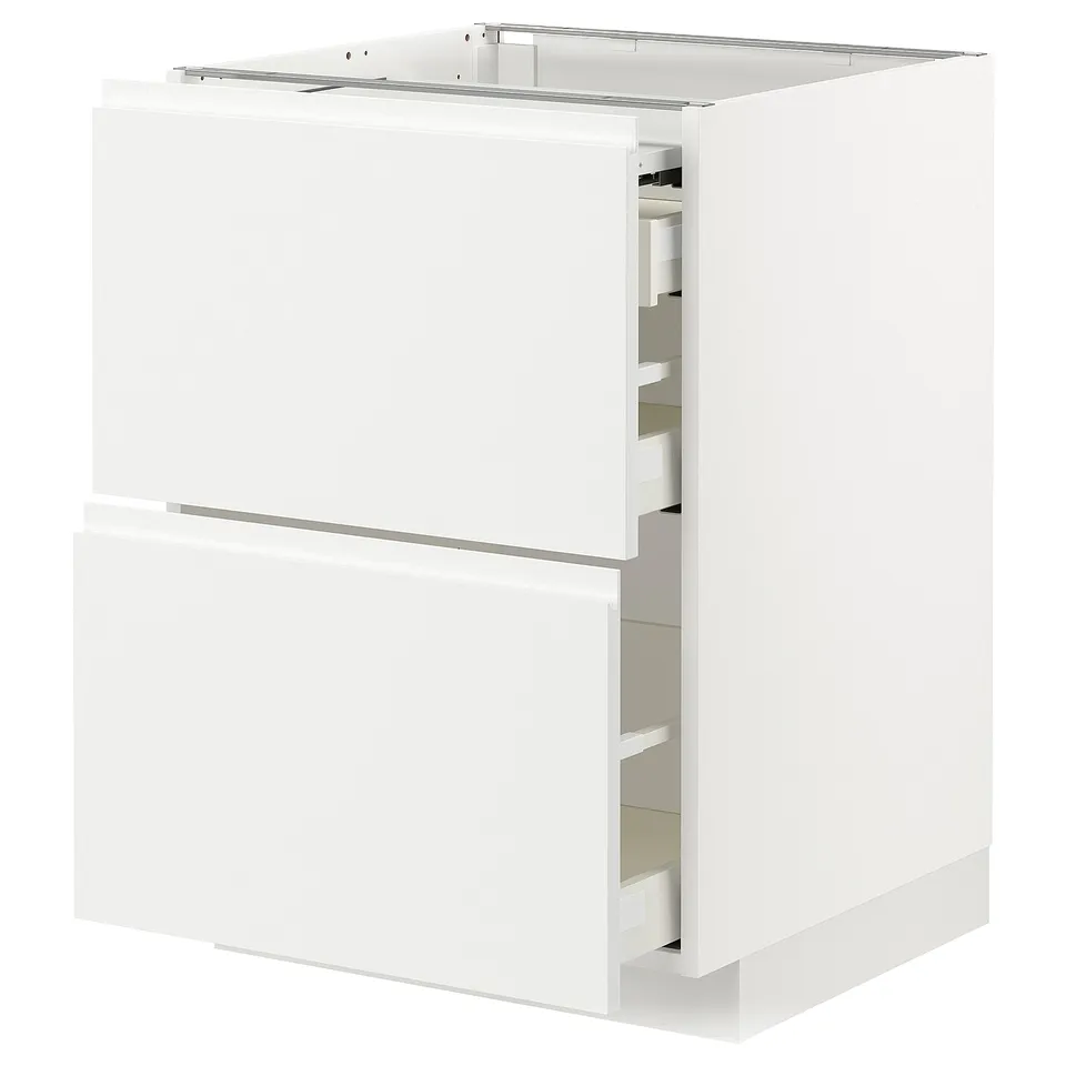 White METOD kitchen cabinet with two drawers. Modern, minimalist design. Glossy flat surfaces.