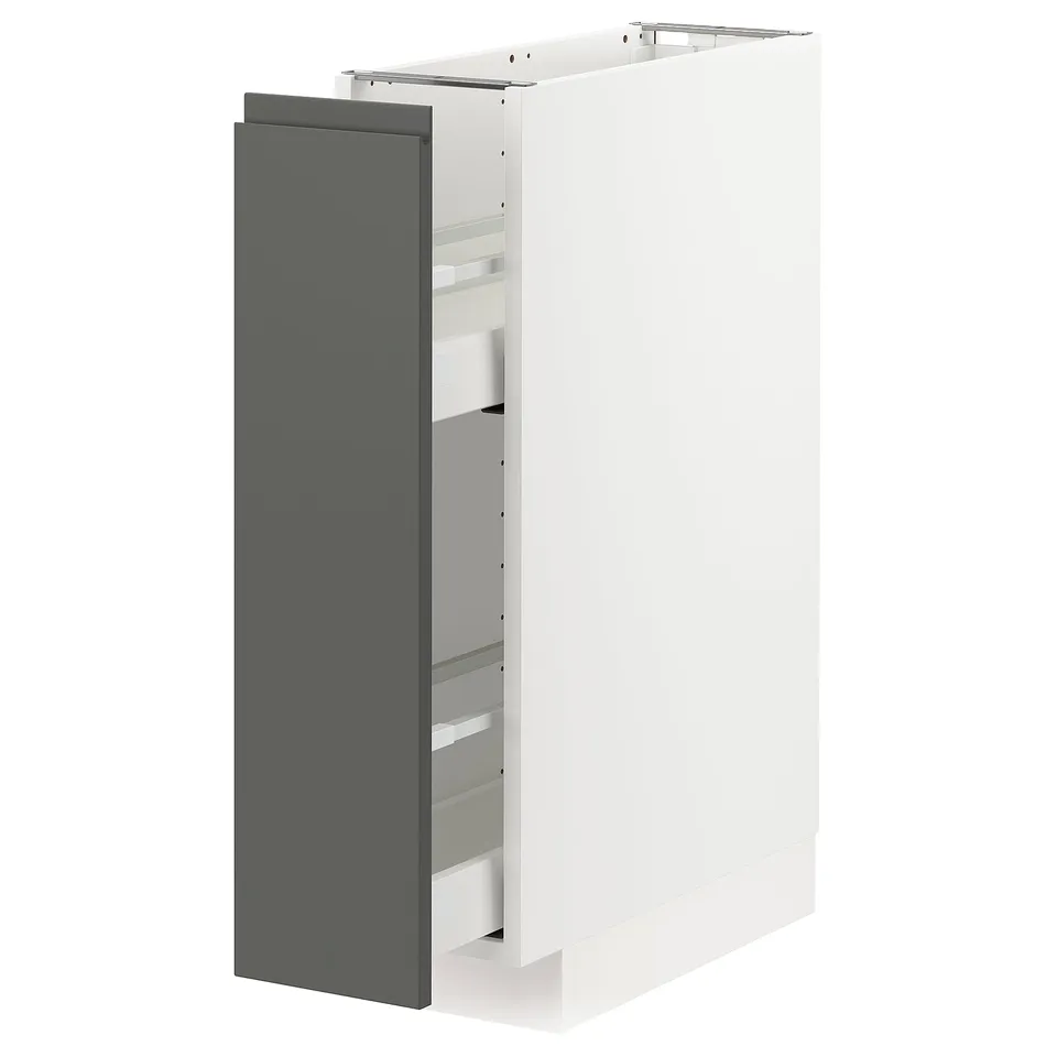 A white and dark grey modern kitchen cabinet with a pull-out drawer system.