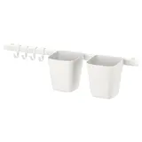 SUNNERSTA rail with 4 hooks and 2 containers, white, Length 60 x Height 14 x Depth 13 cm