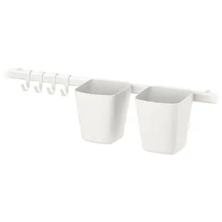 SUNNERSTA rail with 4 hooks and 2 containers, white, Length 60 x Height 14 x Depth 13 cm