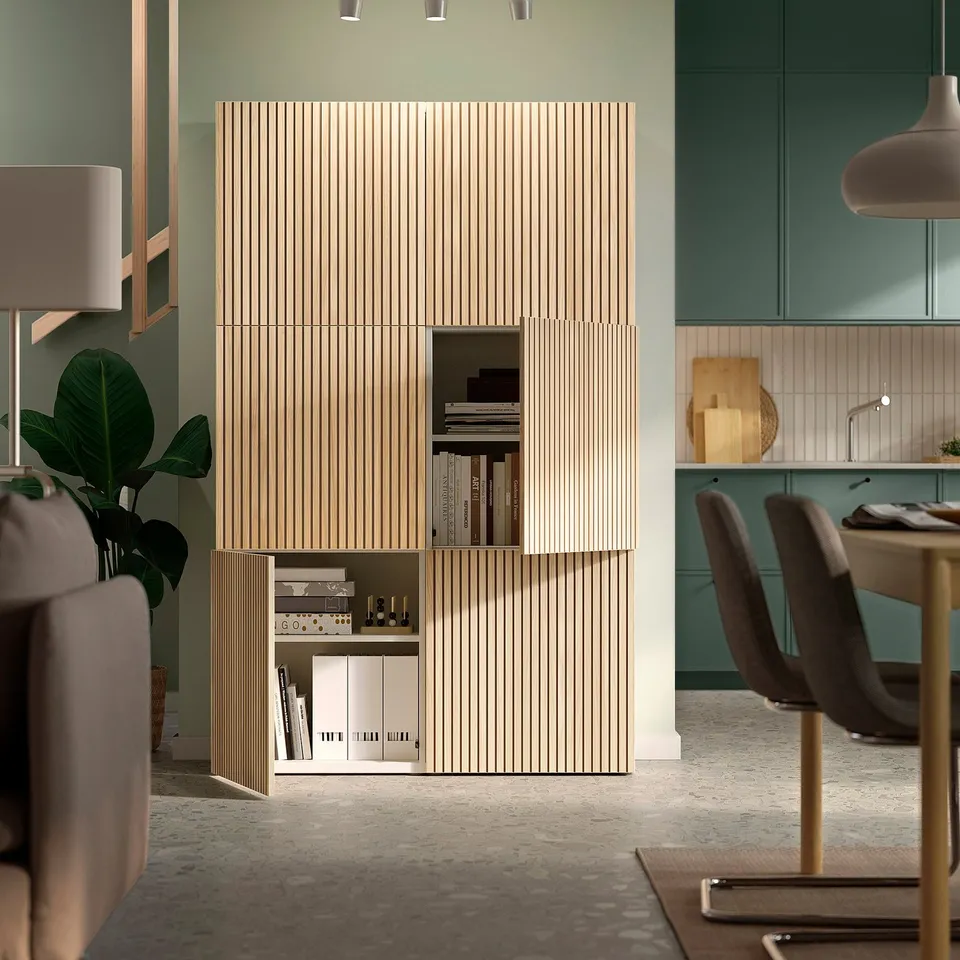 BESTÅ Storage combination with doors, white/Björköviken oak veneer, 120x42x193 cm
