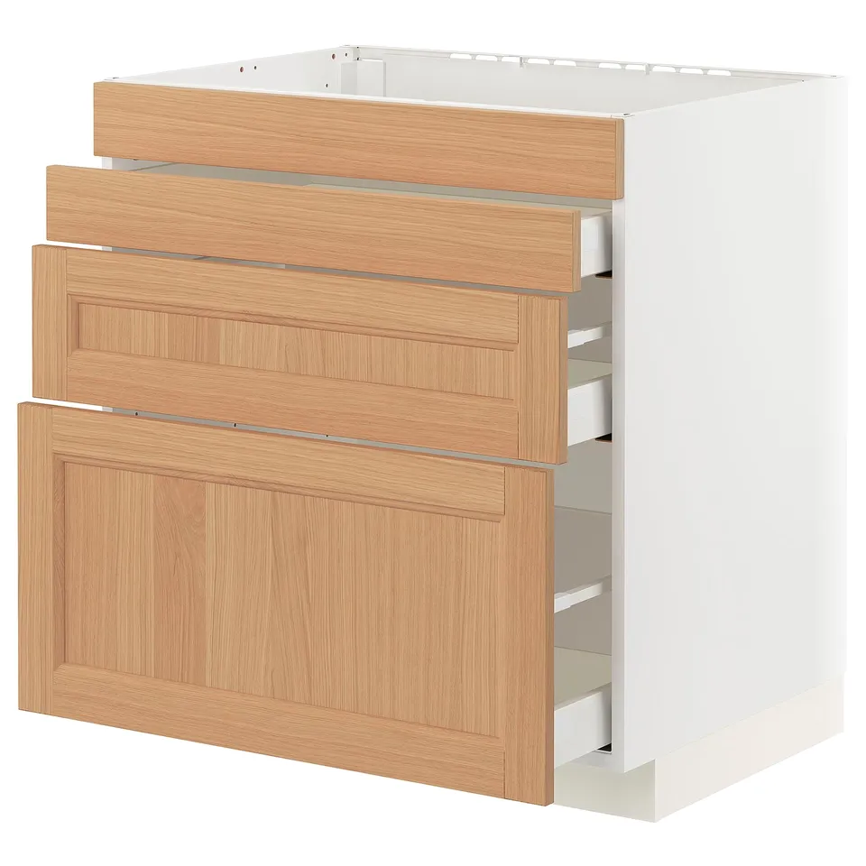 Wooden kitchen drawer set, oak finish, three-level organiser with full-extension drawers, lightweight.