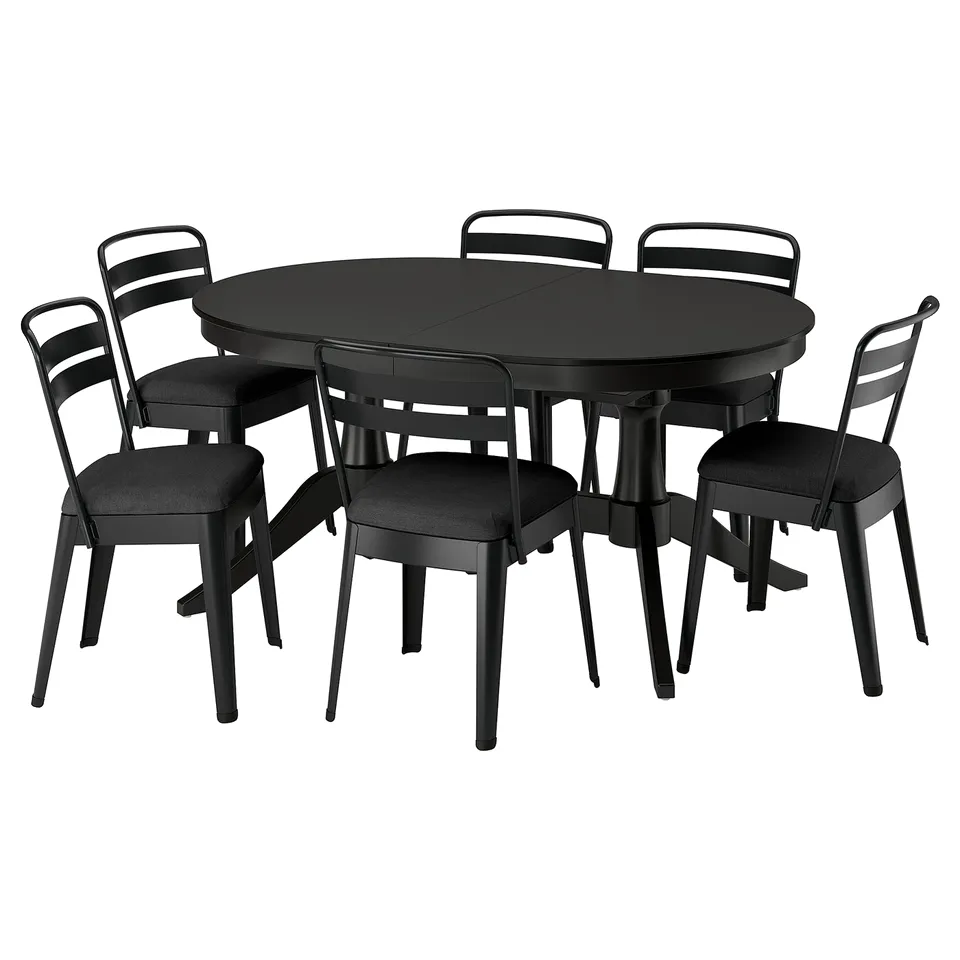 ROSENTORP / RAMSNÄS Table and 6 chairs, black/black, 160/215x110 cm