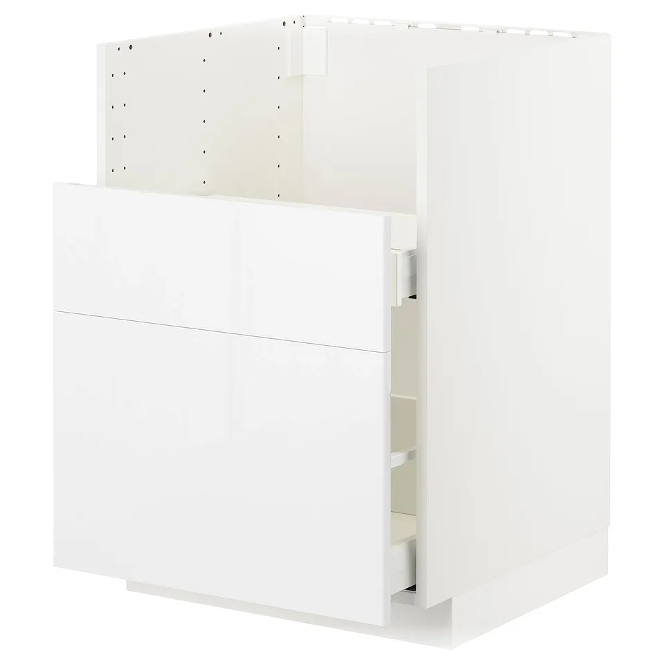 White METOD kitchen unit with glossy drawers, modern and sleek design.