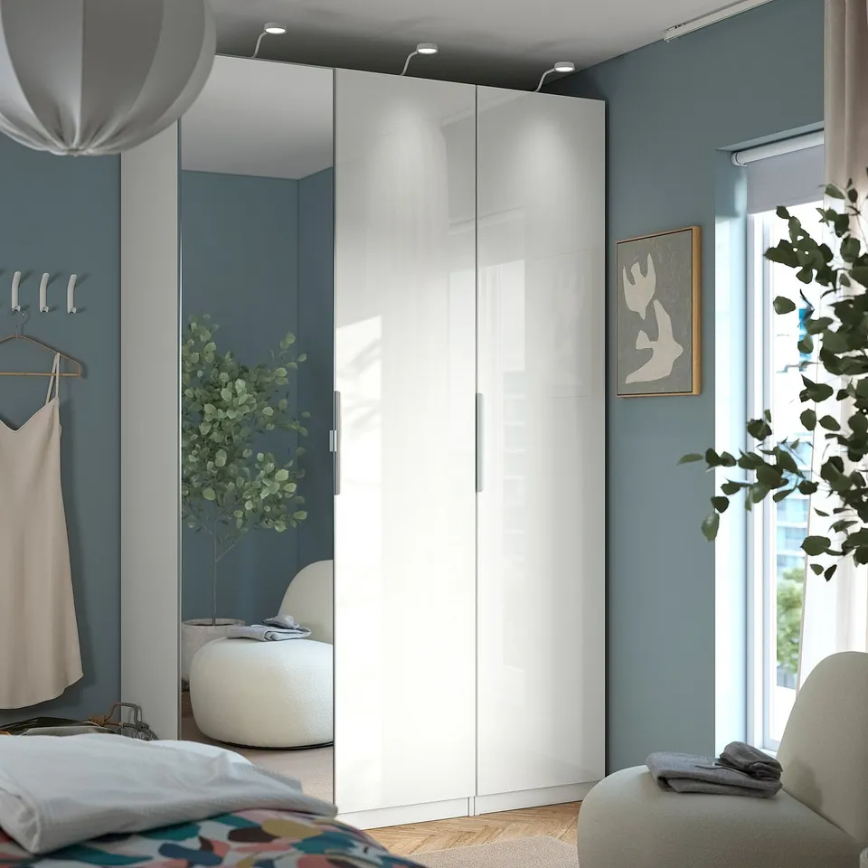 PAX / FARDAL/ÅHEIM Wardrobe combination, white/high-gloss/white mirror glass, 150x60x236 cm