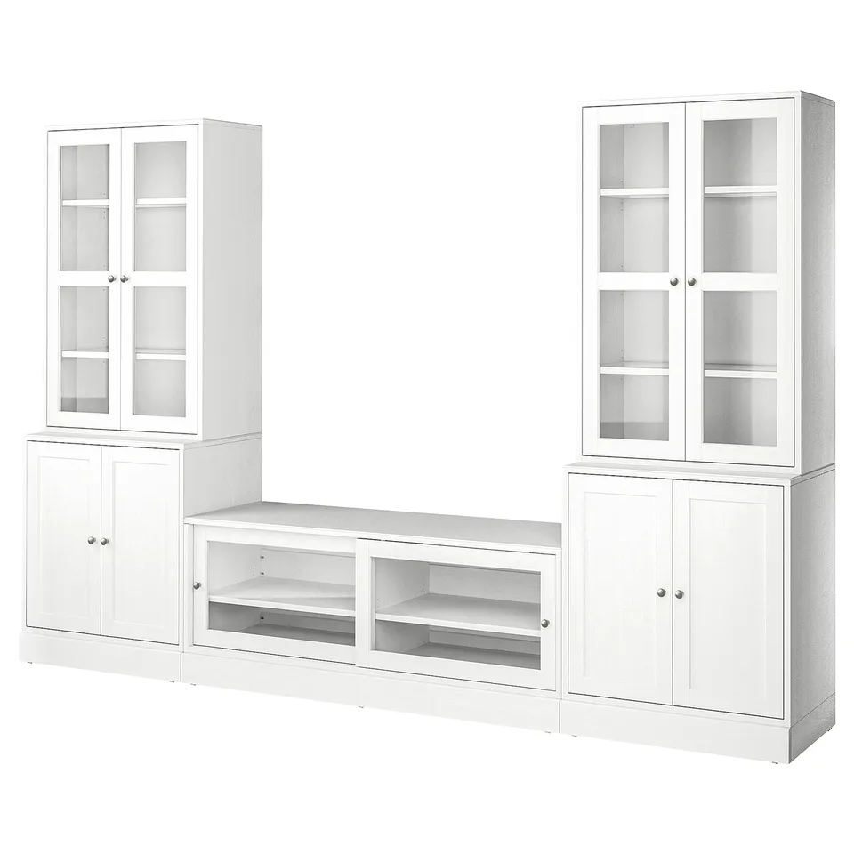 White HAVSTA storage set: glass, pine, rustic, organised, tv stand, cabinets, minimalist.